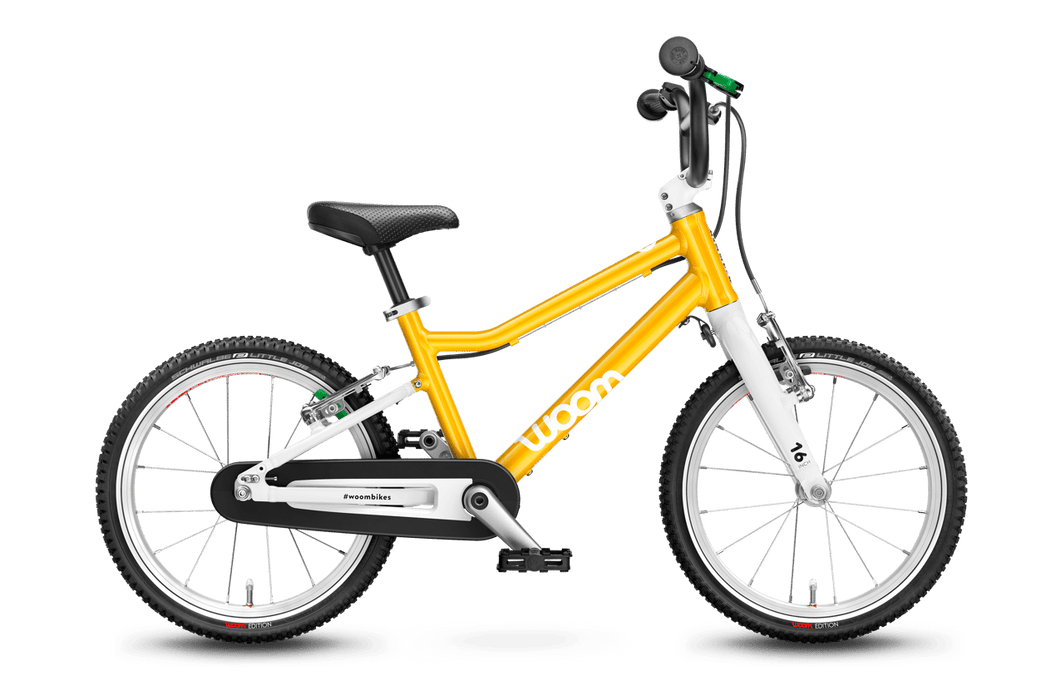 Woom 3 Original Kids Bike (16" Single Speed) in Sunny Yellow - Profile view of bike